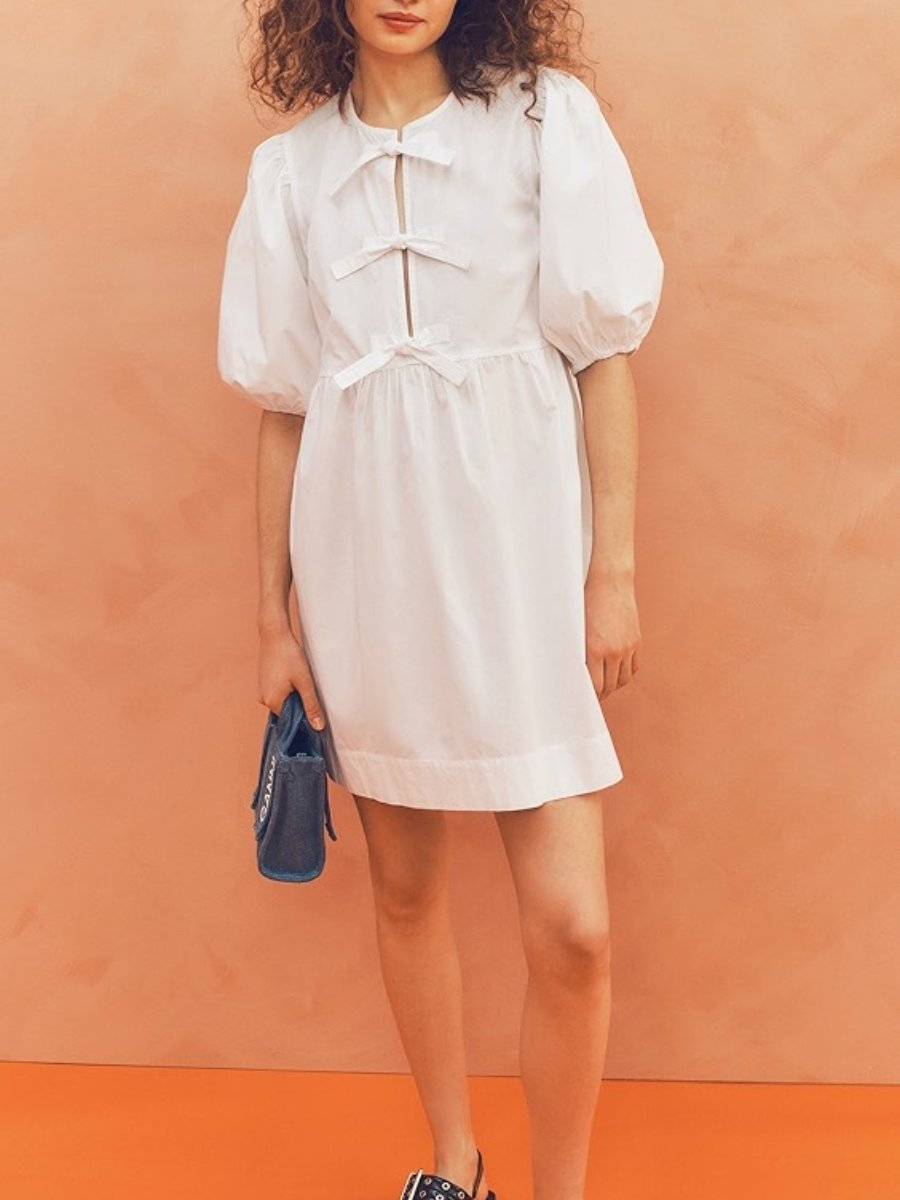 Elegant Crewneck Puff Sleeve Loose Mini Dress