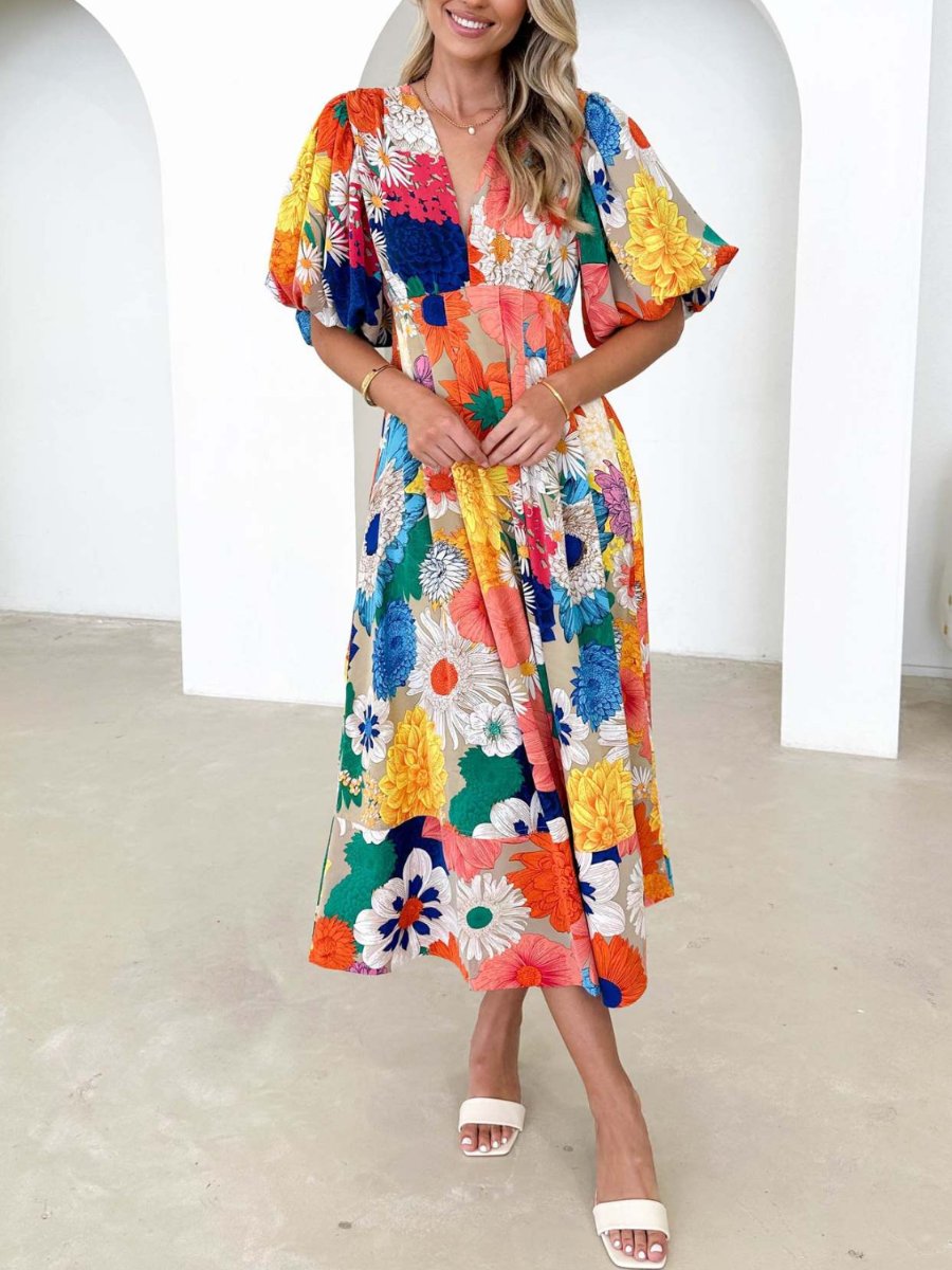 Elegant Floral Printed Puff Sleeve A- Line Maxi Dress