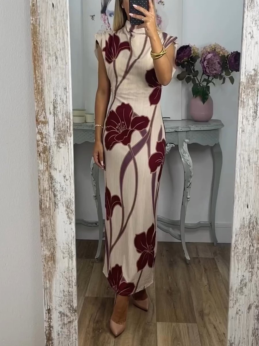 Elegant Stretchy Floral Print Maxi Dress