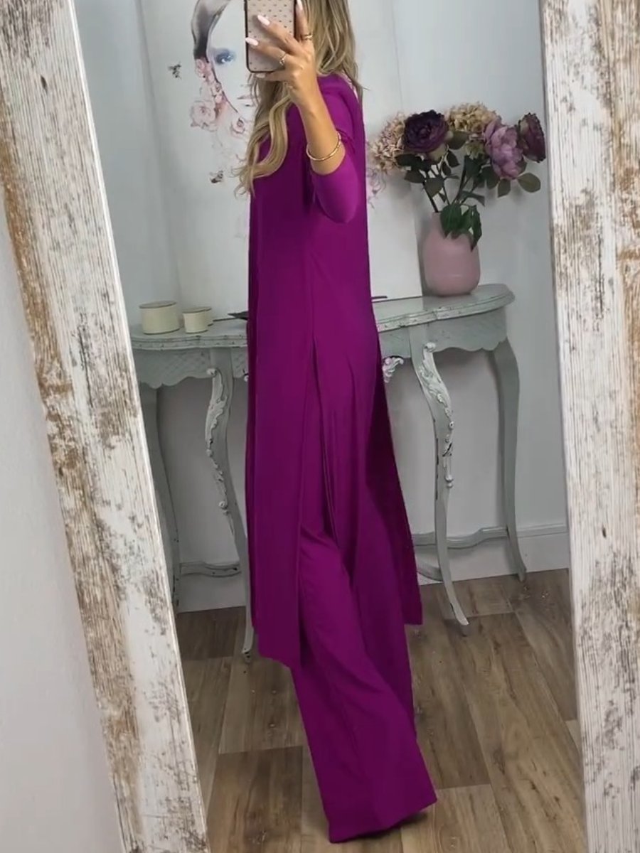 Comfortable Solid Color Long Top & Pants Two-Piece Set