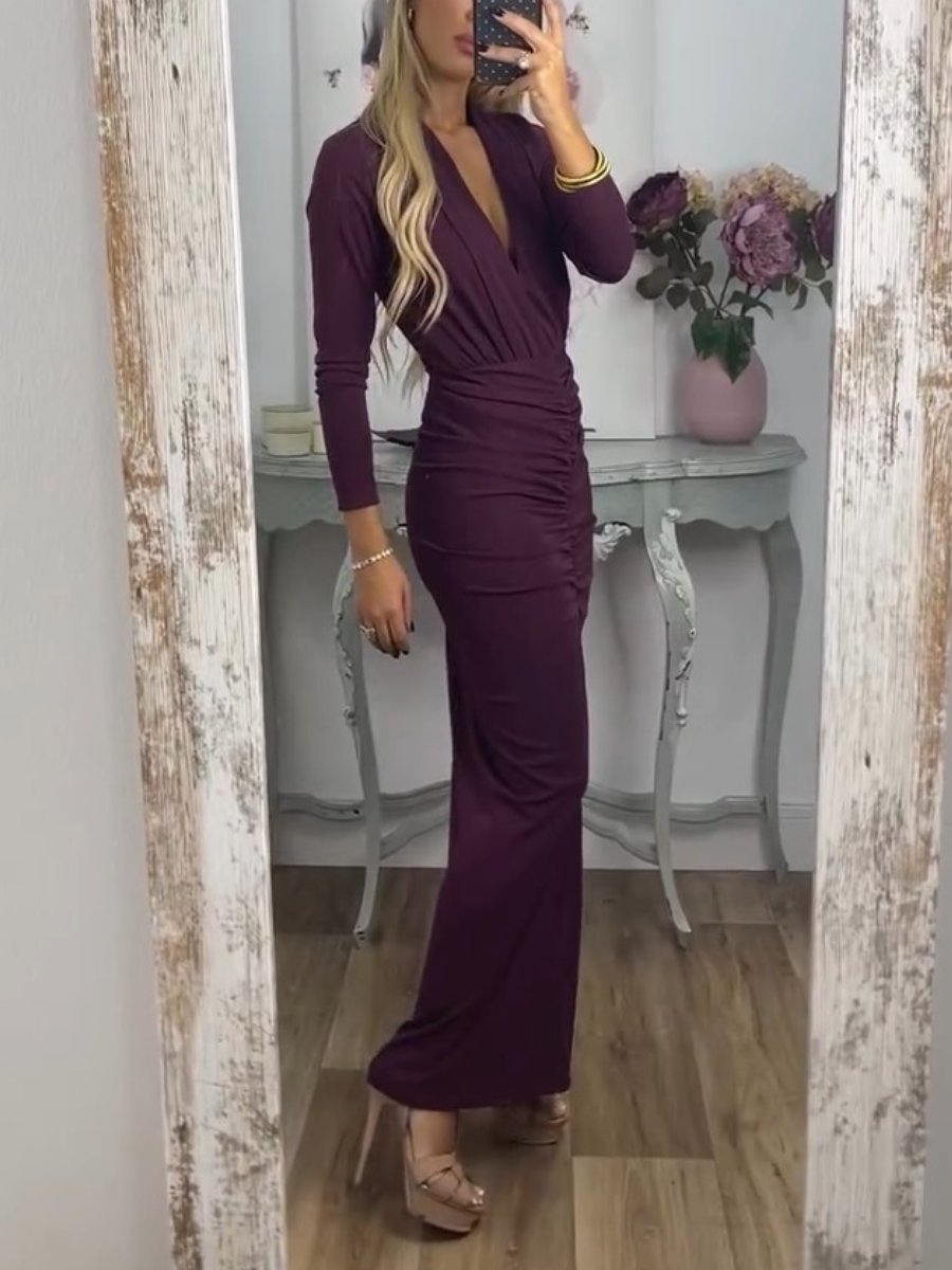 Elegant V-Neck Pleated Solid Color Dress
