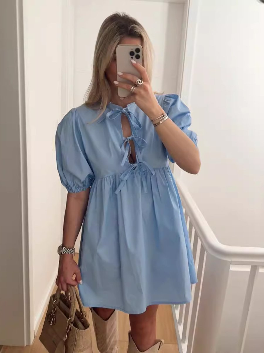 Elegant Crewneck Puff Sleeve Loose Mini Dress