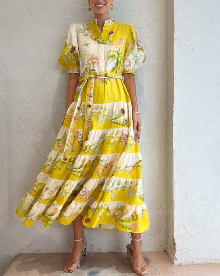 The Tiered Midi Dress in Lemon / Cream – luresy