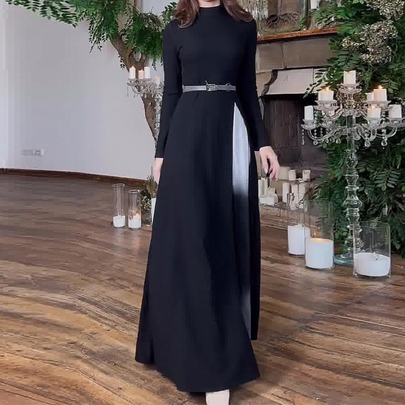 Fashion Contrast Color Round Neck Slim Elegant Dress