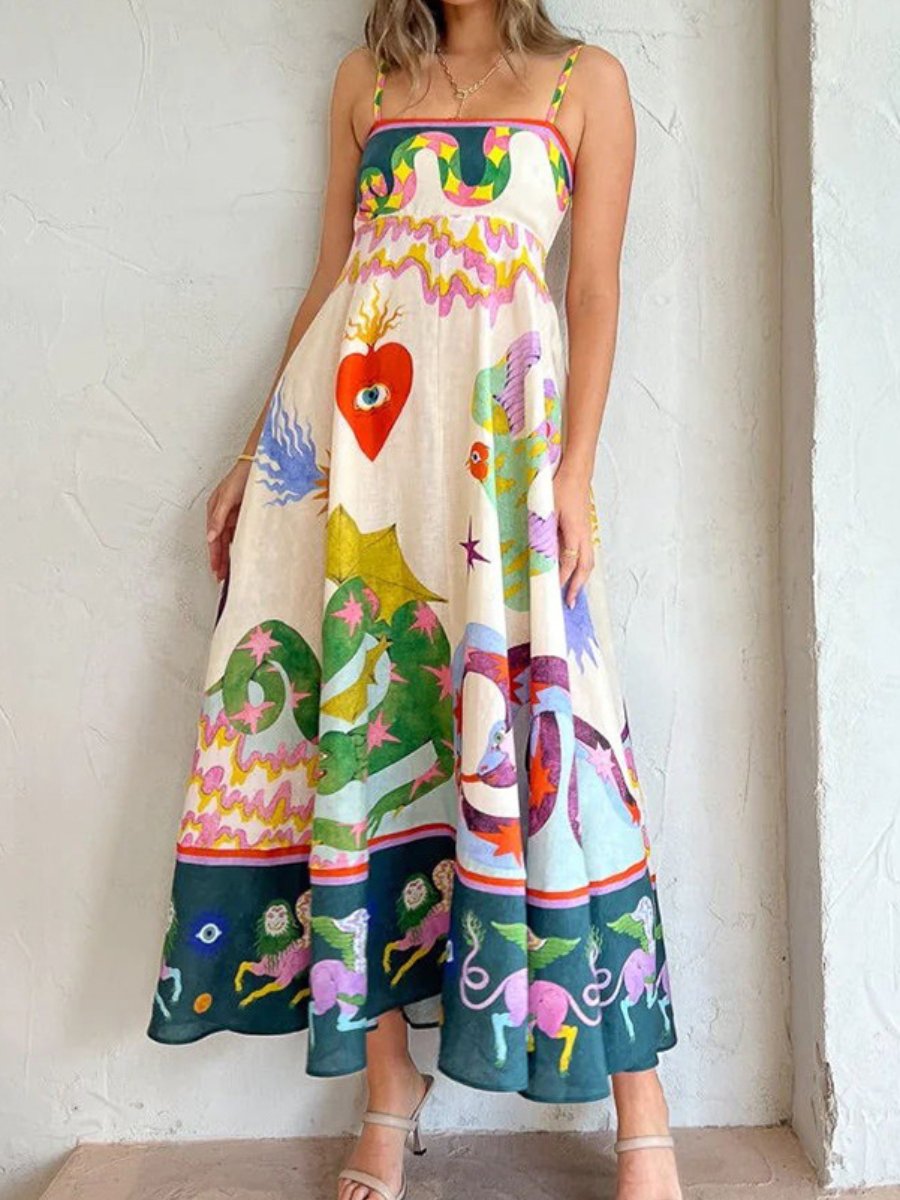 Strap Printing Large Swing Midi Dress – luresy