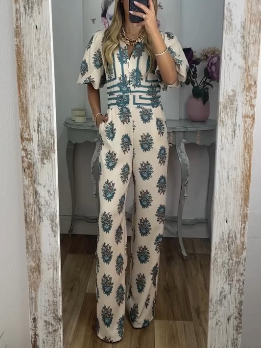 Fashion Button Print Jumpsuit