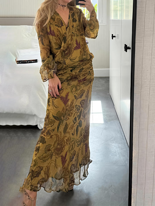 Printed Asymmetrical Ruffle Draped Waist Two Pieces Dress