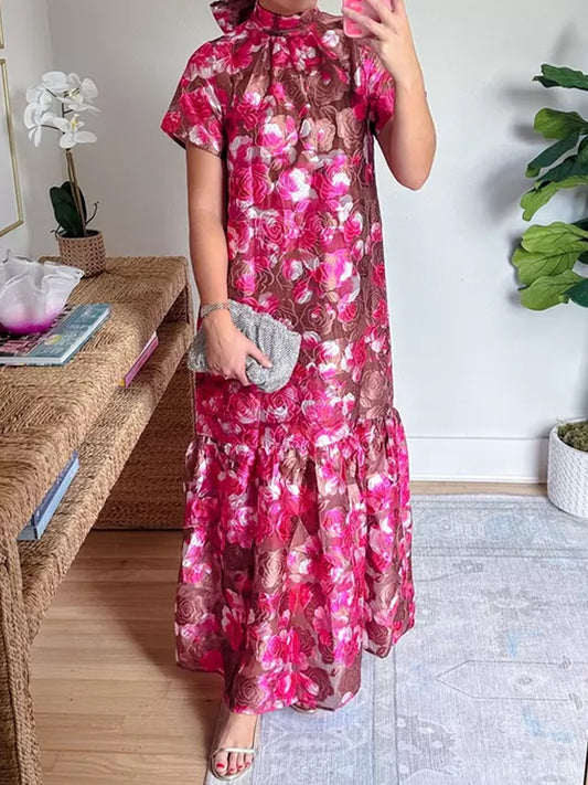 Floral Jacquard Mock Neck Tiered Hem Maxi Dress