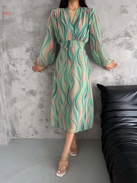 Elegant V-Neck Striped Tulle Midi Dress