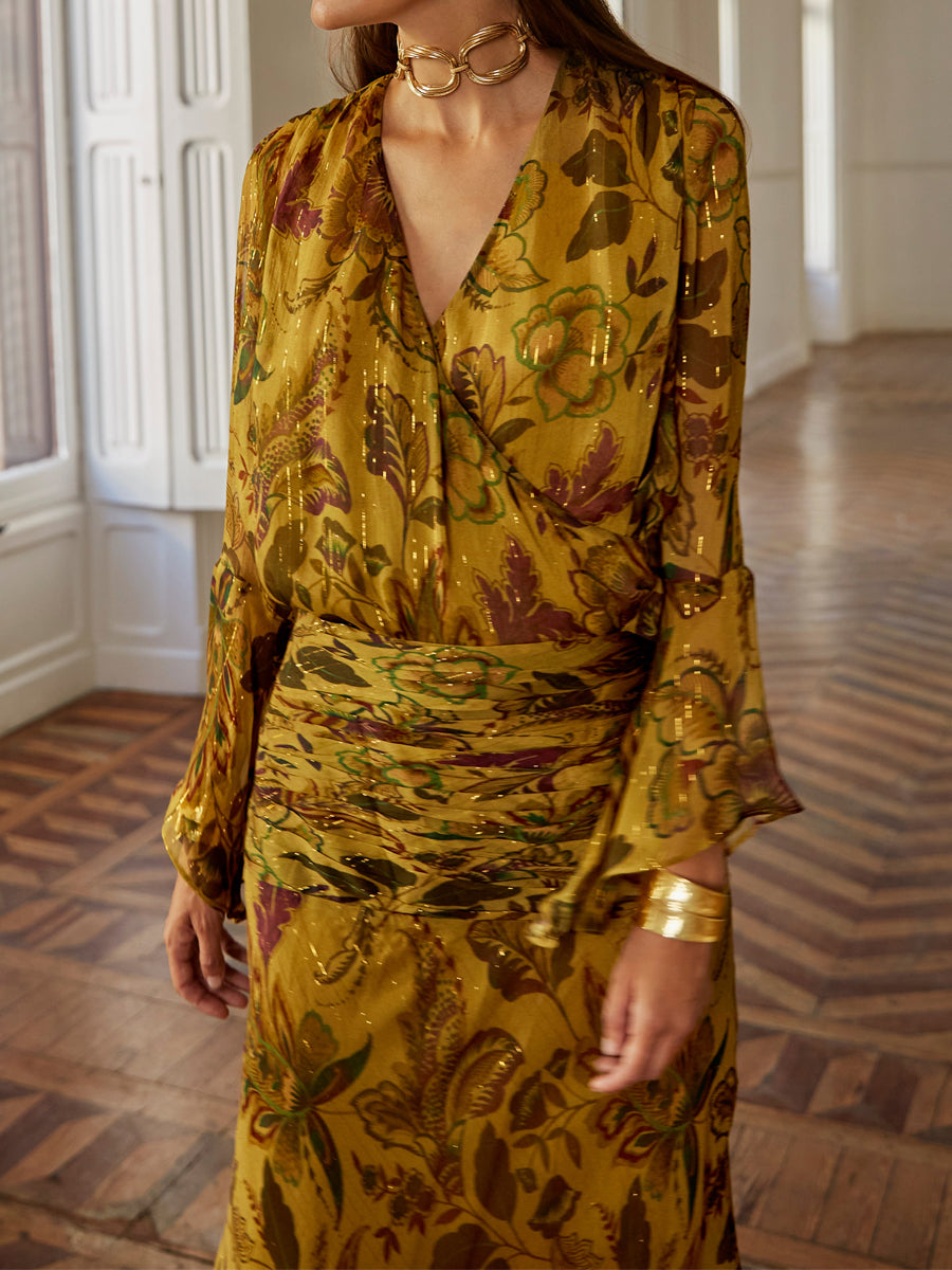 Printed Asymmetrical Ruffle Draped Waist Two Pieces Dress