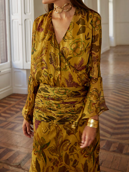 Printed Asymmetrical Ruffle Draped Waist Two Pieces Dress