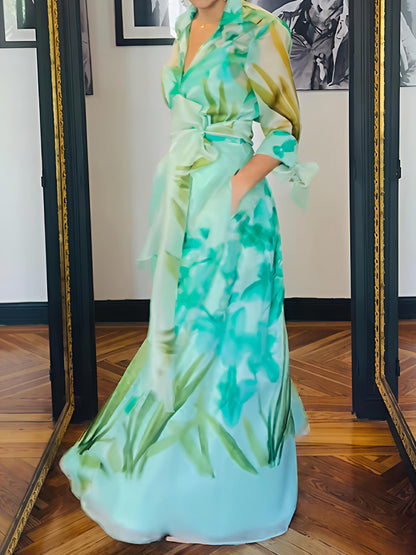 Elegant Printed Lace-up Pockets Maxi Dress