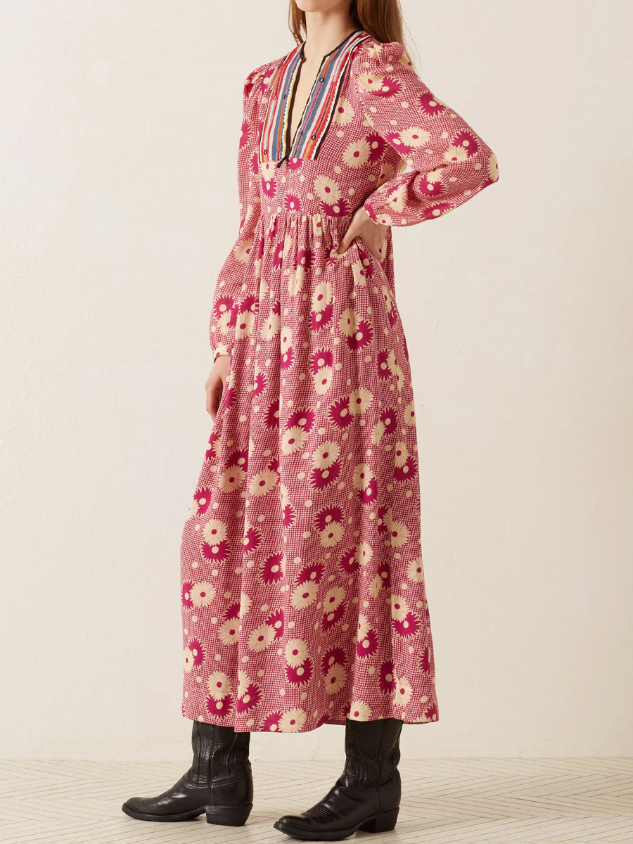 Floral Print V-neck Striped Trim Maxi Dress