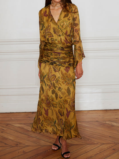 Printed Asymmetrical Ruffle Draped Waist Two Pieces Dress