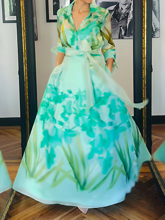 Elegant Printed Lace-up Pockets Maxi Dress
