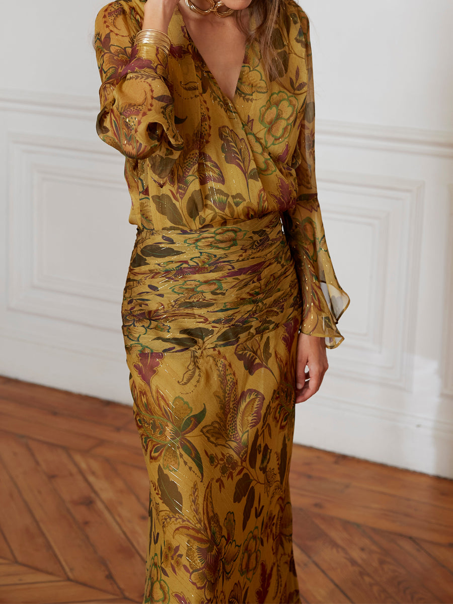 Printed Asymmetrical Ruffle Draped Waist Two Pieces Dress