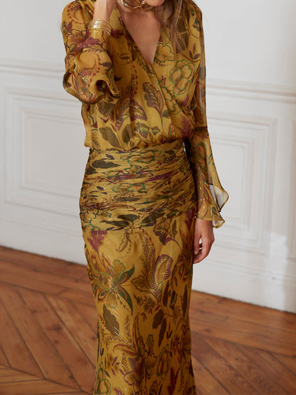 Printed Asymmetrical Ruffle Draped Waist Two Pieces Dress