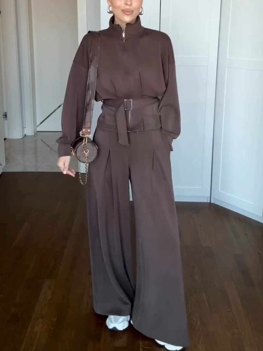 Autumn Comfortable Zipper Belt Suit