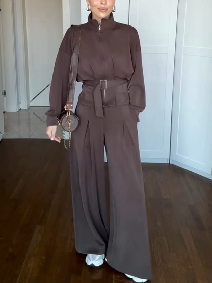 Autumn Comfortable Zipper Belt Suit