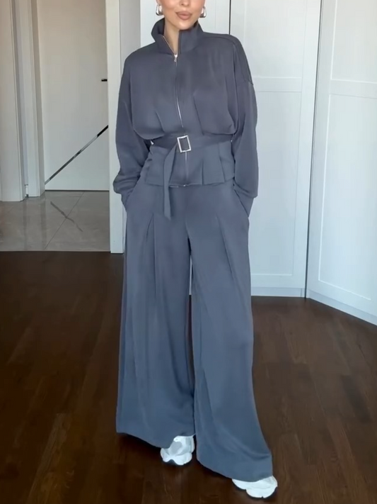Autumn Comfortable Zipper Belt Suit