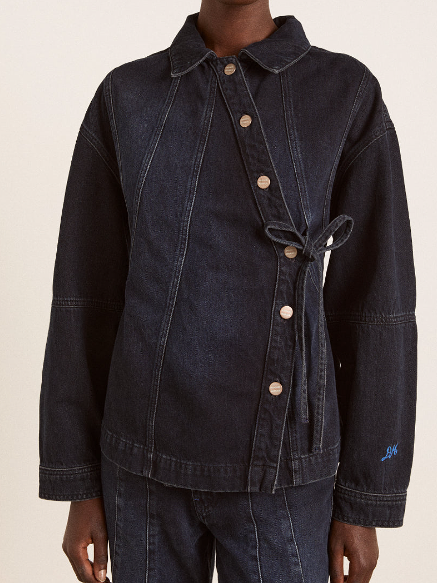 Denim Coat With Slant Button And Tether