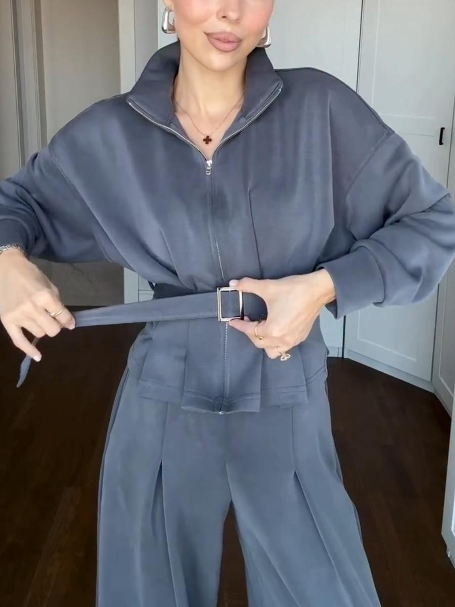 Autumn Comfortable Zipper Belt Suit