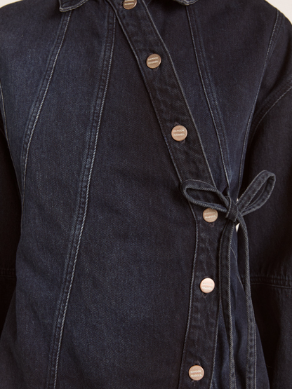Denim Coat With Slant Button And Tether