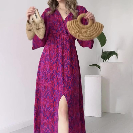 Comfortable V-Neck Printed Maxi Dress
