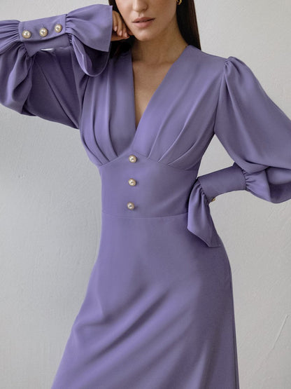Elegant V-Neck Button Dress