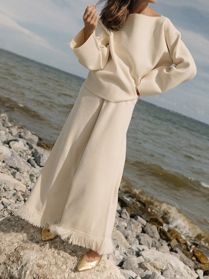 Boat Neck Long Sleeve Sweater & Wide Leg Fringe Pants