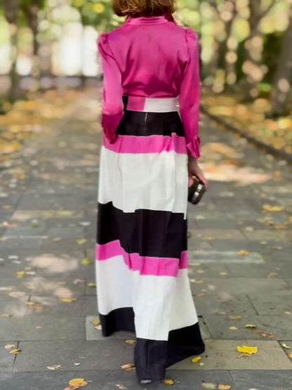 Elegant Color Block Long Sleeve Maxi Dress