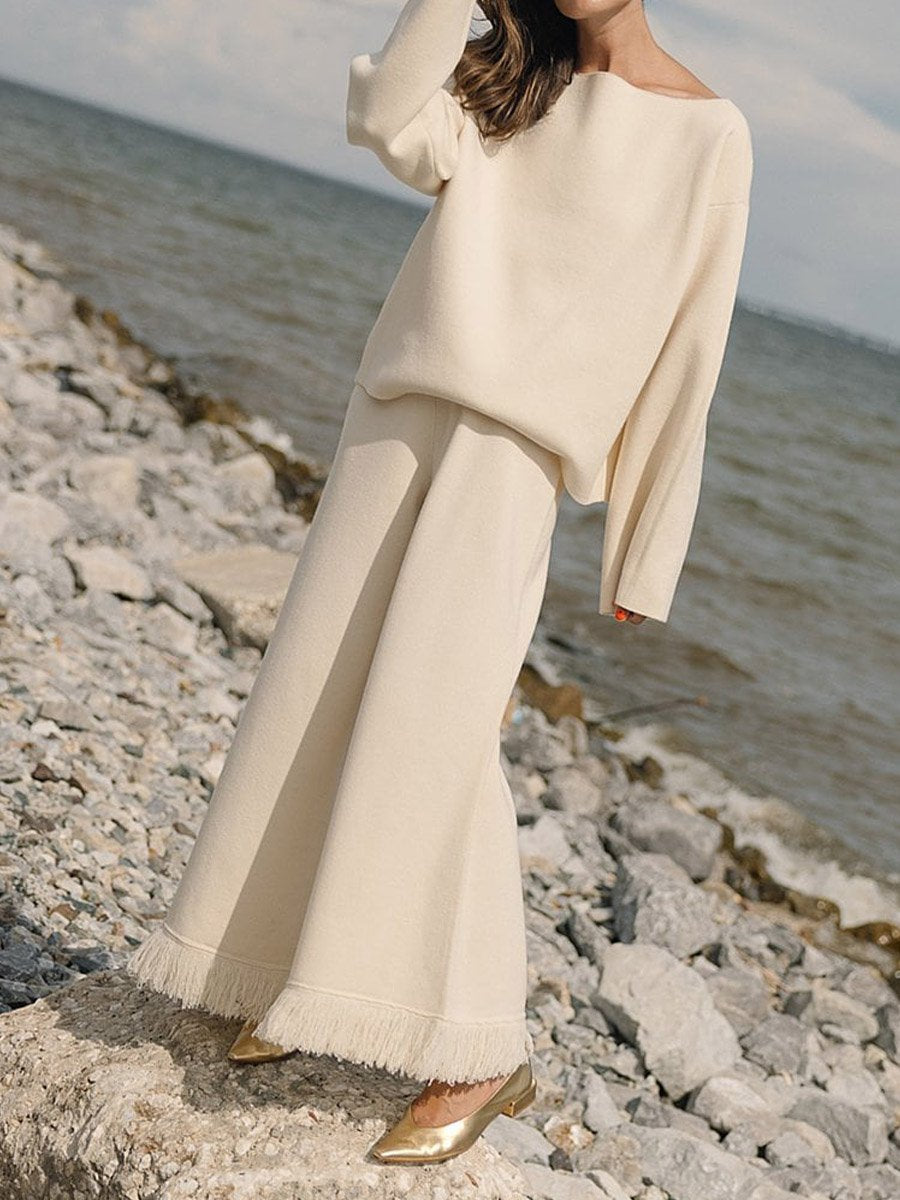 Boat Neck Long Sleeve Sweater & Wide Leg Fringe Pants