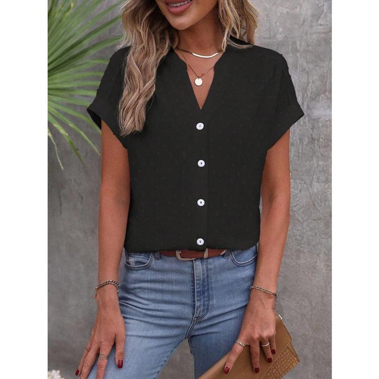 Solid V-Neck Button-Up Blouse