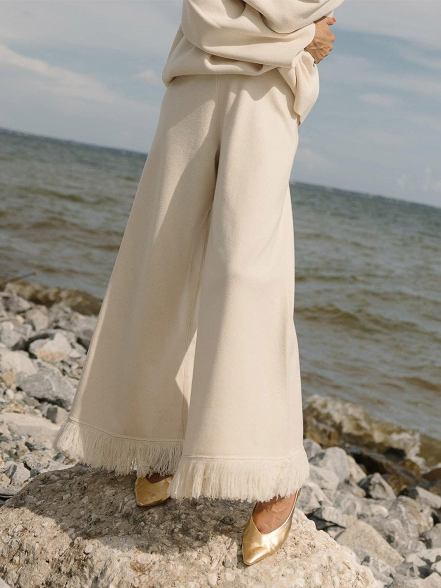 Boat Neck Long Sleeve Sweater & Wide Leg Fringe Pants