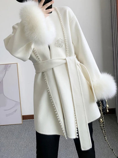 Pearl Lace Up Woolen Coat