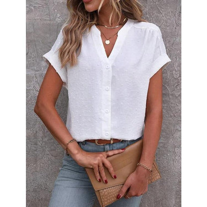 Solid V-Neck Button-Up Blouse
