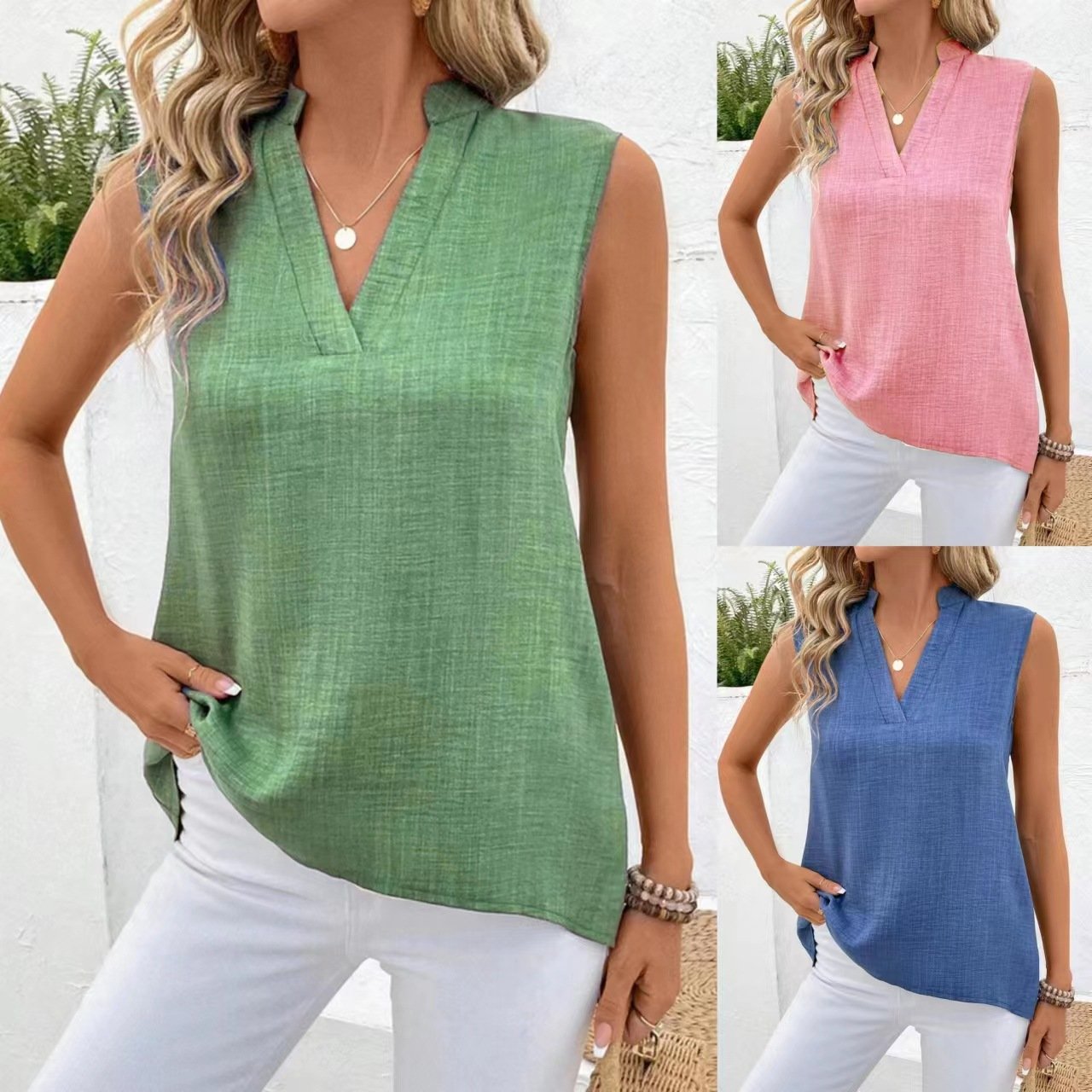 V-Neck Sleeveless Solid Button Top