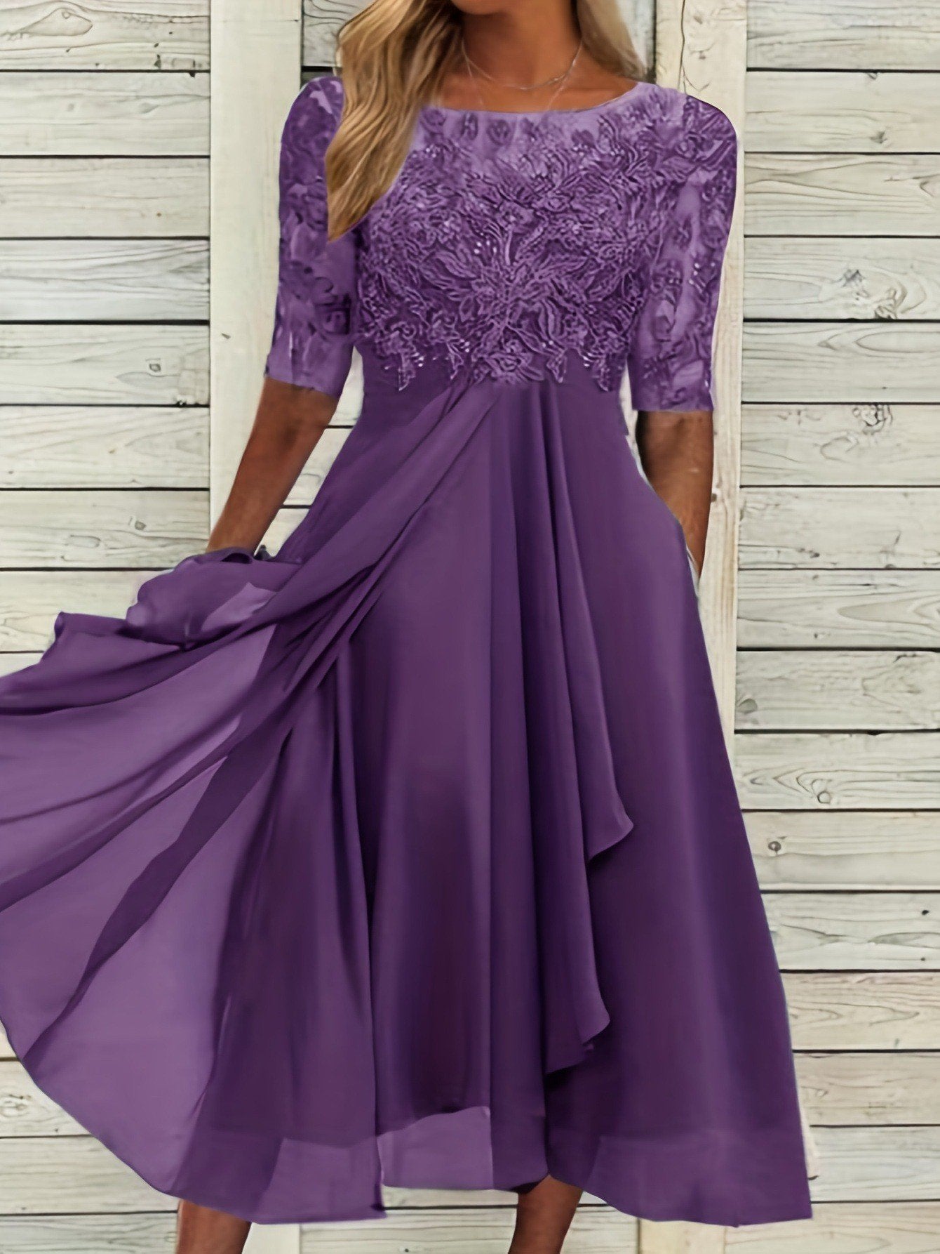 Demure Lace Mid-sleeve Chiffon Dress