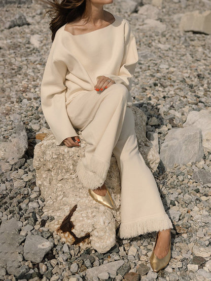 Boat Neck Long Sleeve Sweater & Wide Leg Fringe Pants