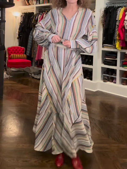 Striped Print V Neck Lond Sleeve Maxi Dress