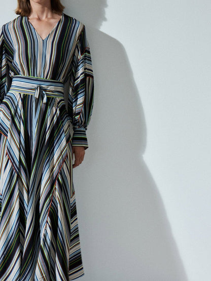 Striped Print V Neck Lond Sleeve Maxi Dress