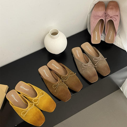 Flat retro nubuck genuine leather slip-on mules