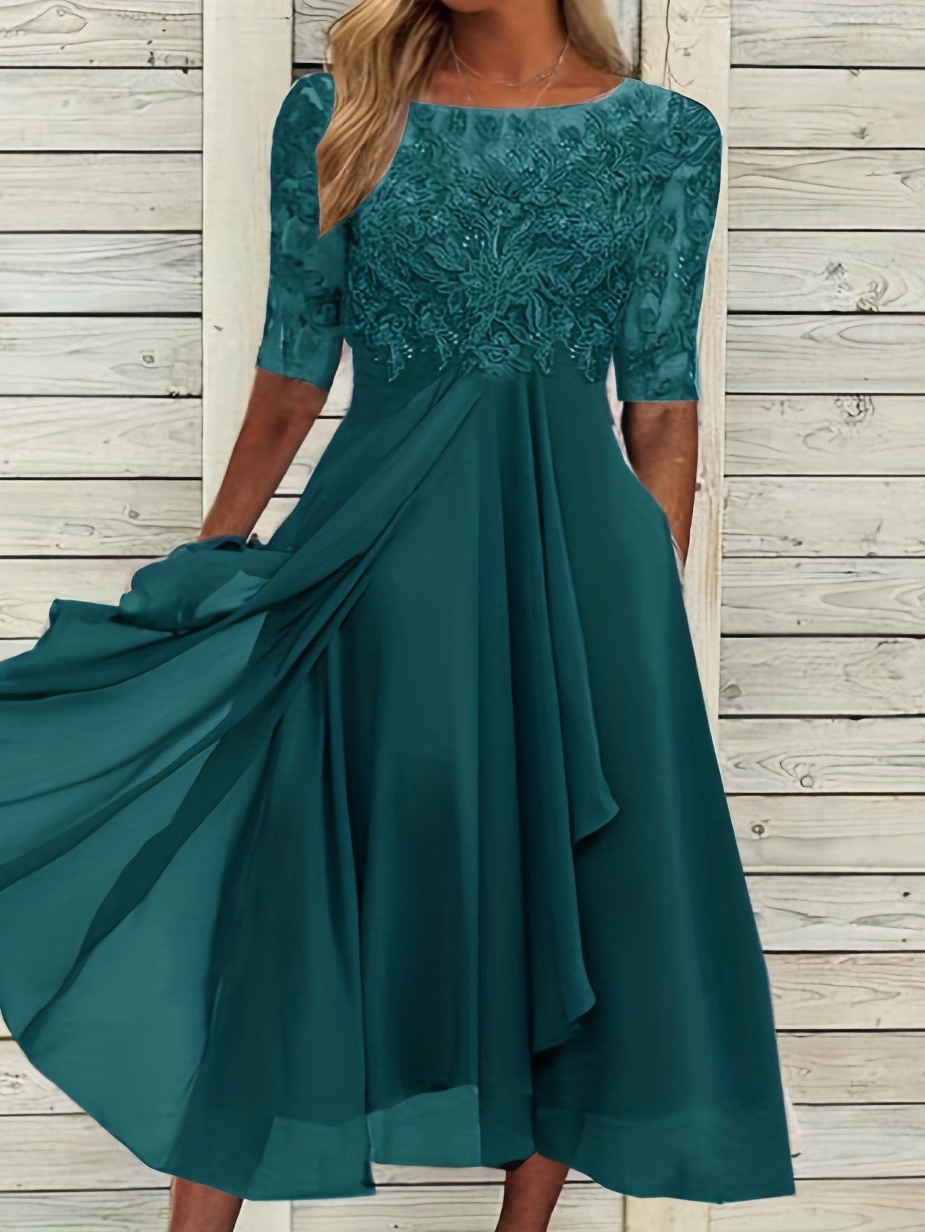 Demure Lace Mid-sleeve Chiffon Dress