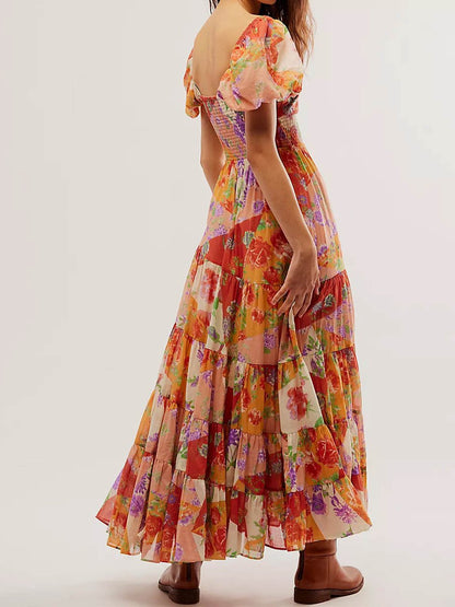 Digital Printed Bohemian Floral Patchwork V Neck Dress