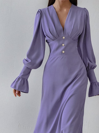 Elegant V-Neck Button Dress
