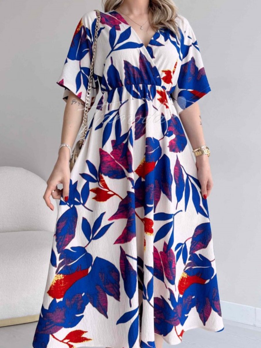 Summer Loose V-neck Tight Waist Printed Midi Dress