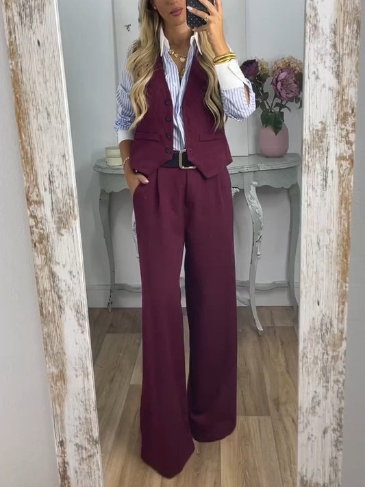 Elegant Solid Color Vest Pants Two-Piece Set