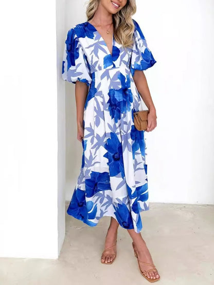 Elegant Floral Printed Puff Sleeve A- Line Maxi Dress