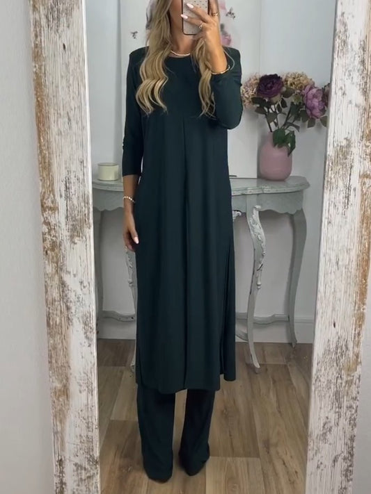 Comfortable Solid Color Long Top & Pants Two-Piece Set