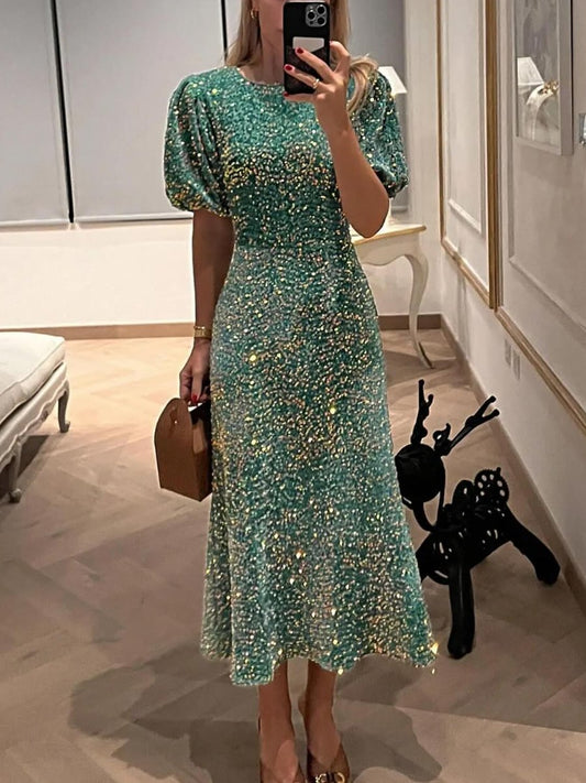 Crewneck Bubble Sleeve Sequin Maxi Dress